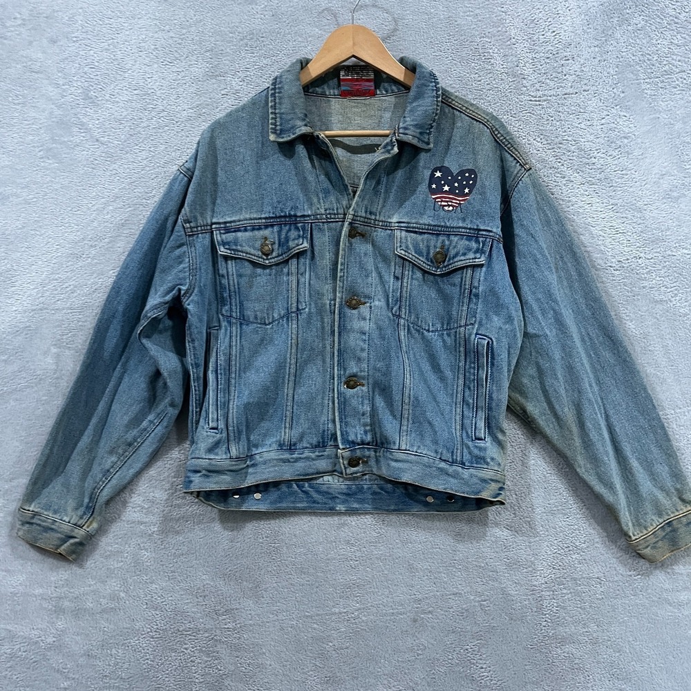 Vtg USA Flag Denim Jacket American Classic Medium 90s Trucker Patriotic Thrashed
